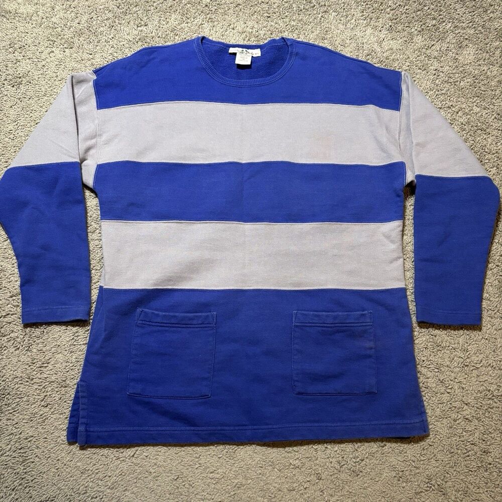 Vintage Boston Traders Sweatshirt Mens Medium Blue Gray Striped Pockets Heavy